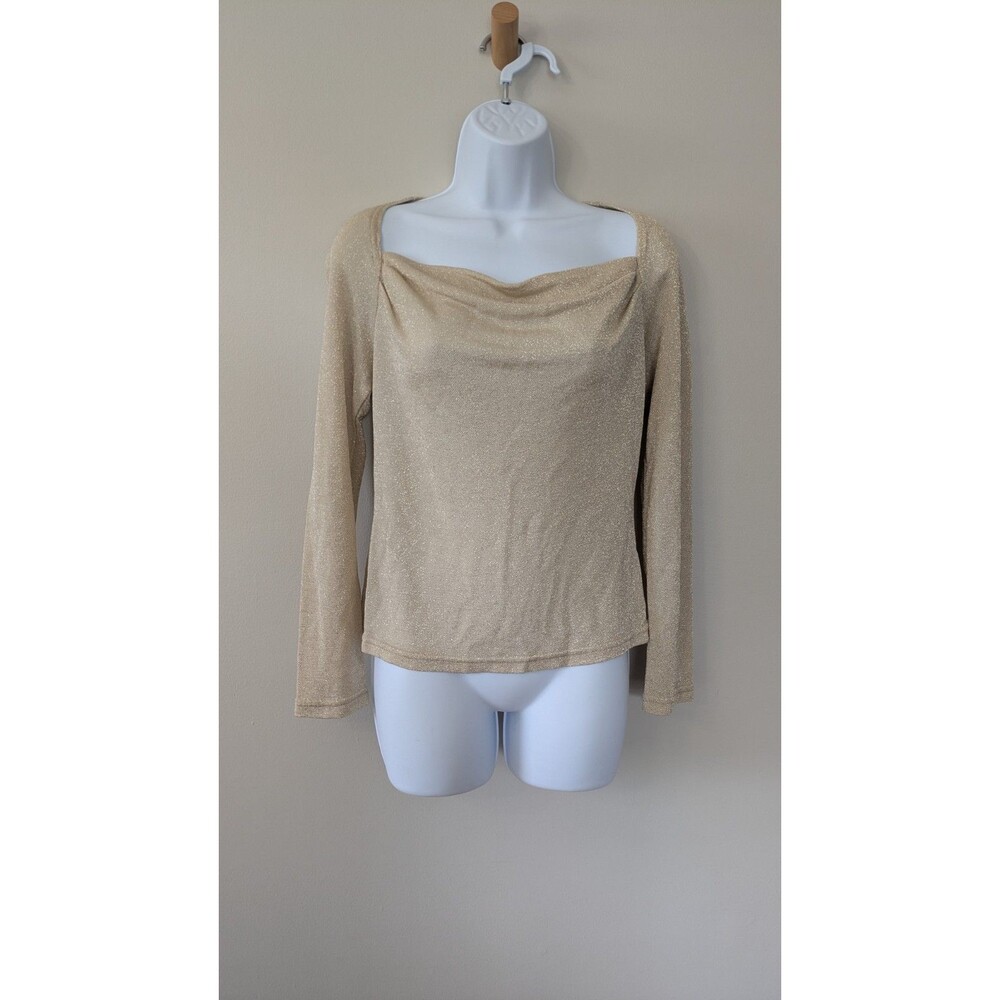 Y2K Sheer Gold Champagne Shimmer Top Size M Square Neck Going Out Layering 90s